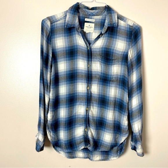 American Eagle Plaid Flannel Button-Down Shirt – Blue/Black/White, XS - Picture 1 of 10